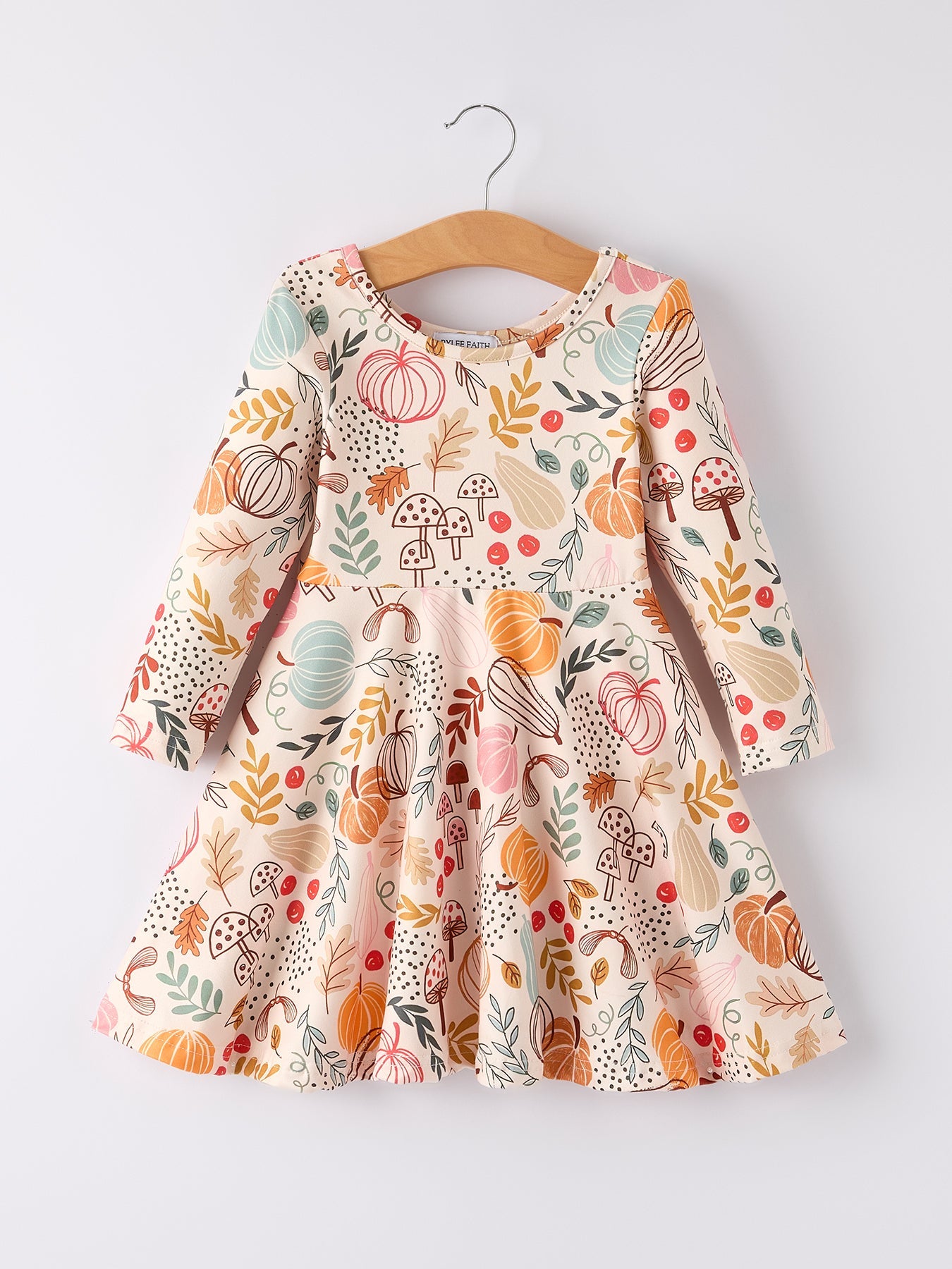 Three Little Tots Fall Thanksgiving Pumpkin Leaf Print Dress, another angle