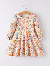 Three Little Tots Fall Thanksgiving Pumpkin Leaf Print Dress, another angle