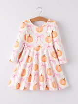 Three Little Tots Fall Halloween and Thanksgiving Pumpkin Bow Print Long Sleeve Dress, supplementary photo