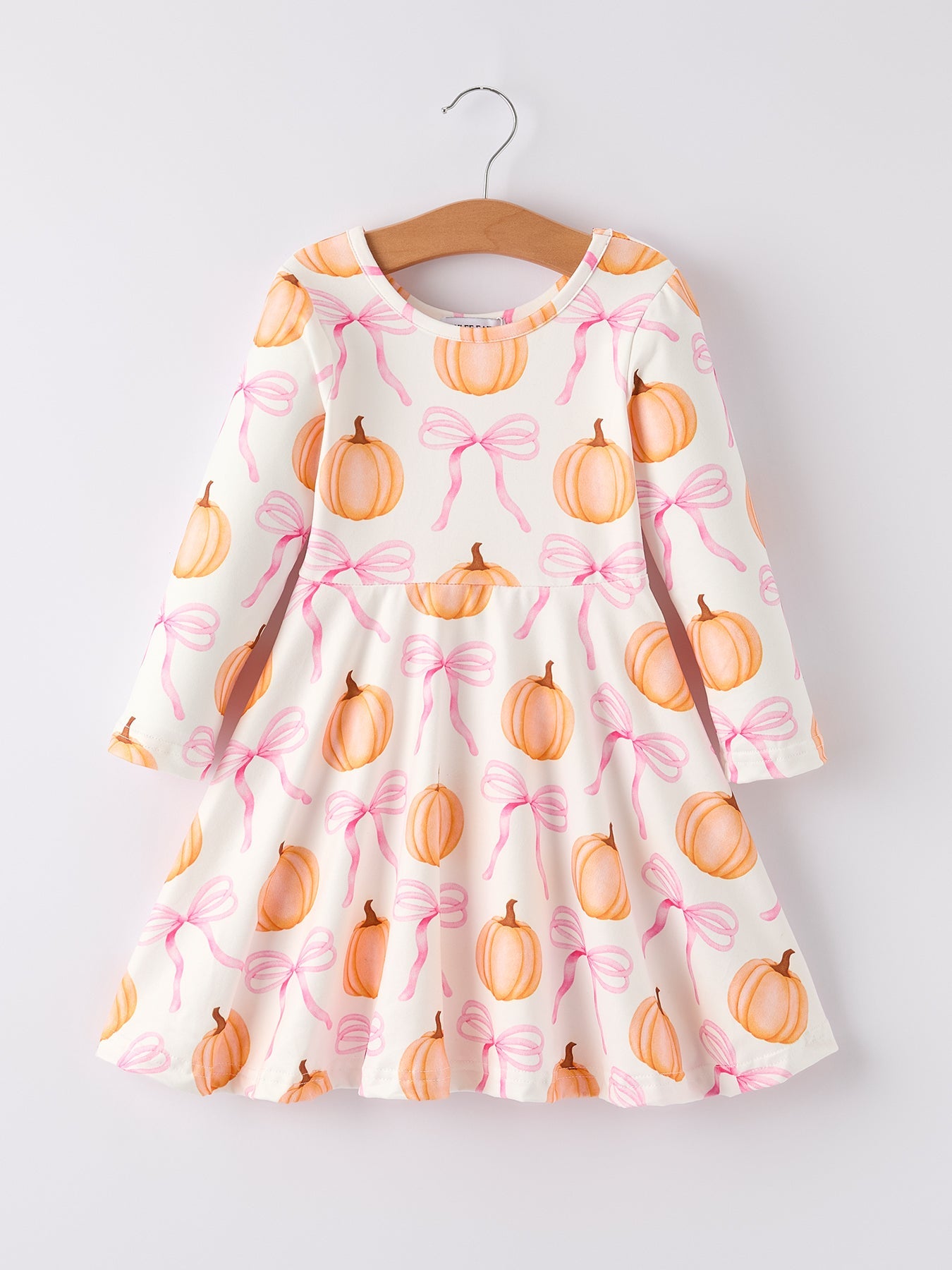 Three Little Tots Fall Halloween and Thanksgiving Pumpkin Bow Print Long Sleeve Dress, supplementary photo