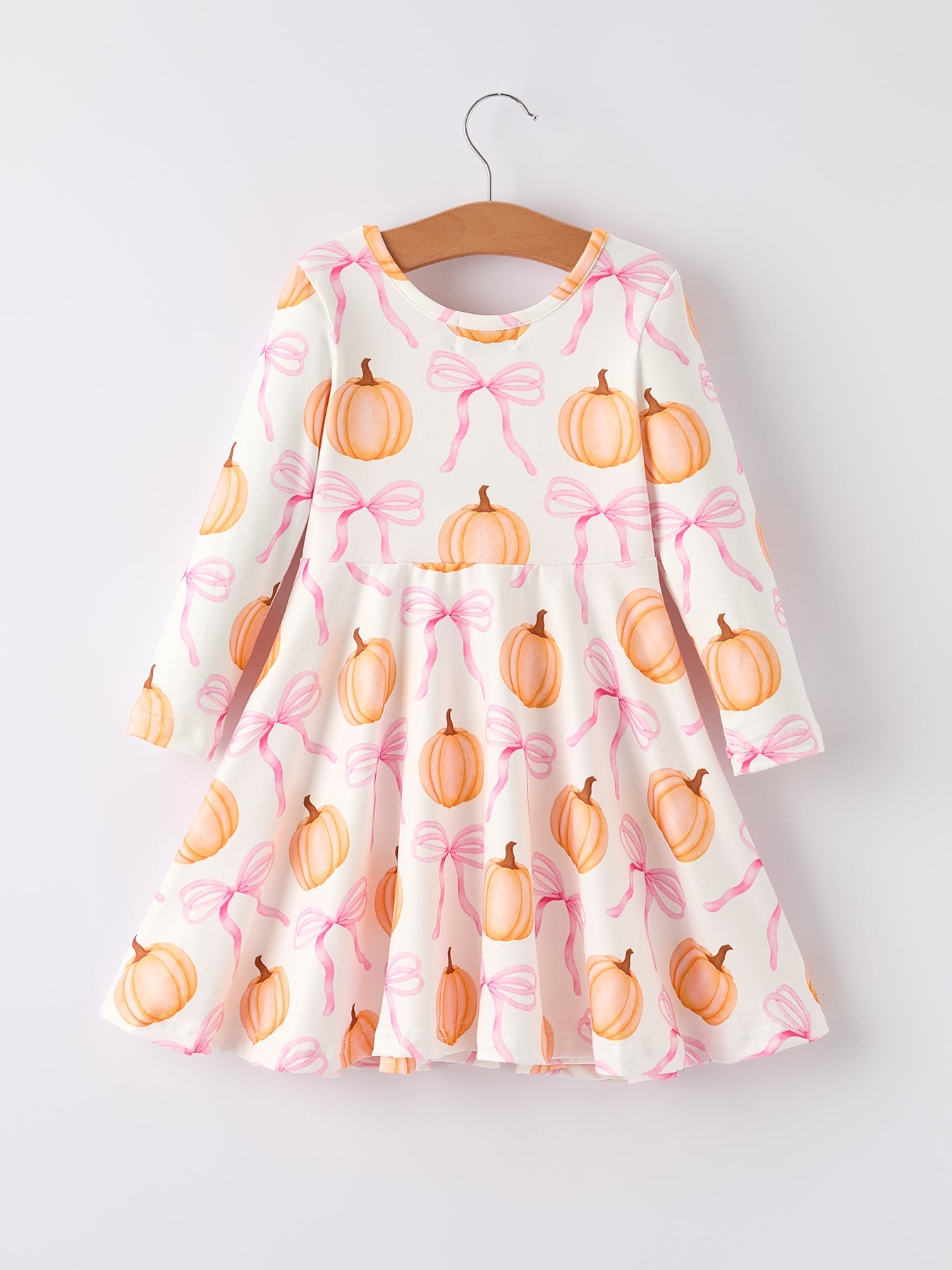 Three Little Tots Fall Halloween and Thanksgiving Pumpkin Bow Print Long Sleeve Dress, another angle