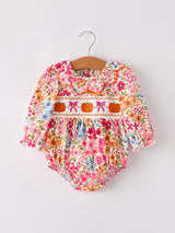 Three Little Tots Fall Halloween and Thanksgiving Pumpkin Bow Smock Embroidered Floral Baby Girl Romper, supplementary photo