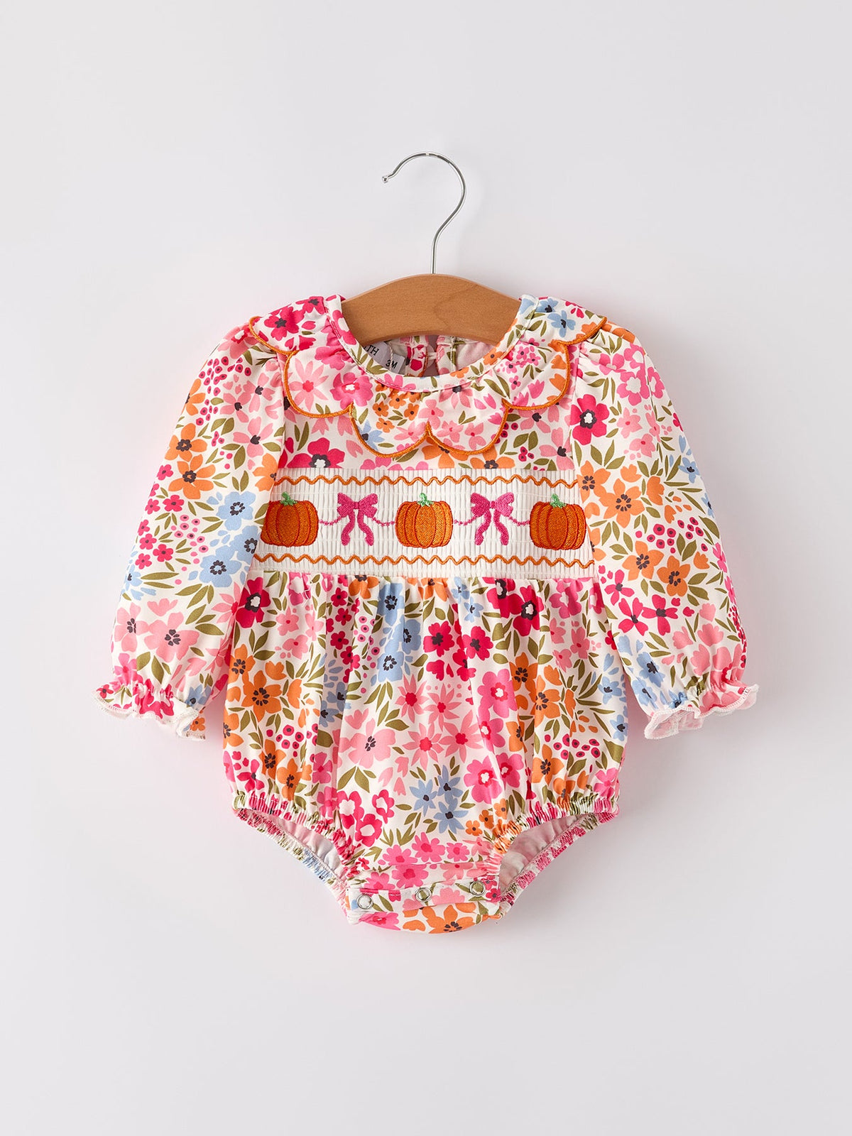 Three Little Tots Fall Halloween and Thanksgiving Pumpkin Bow Smock Embroidered Floral Baby Girl Romper, supplementary photo