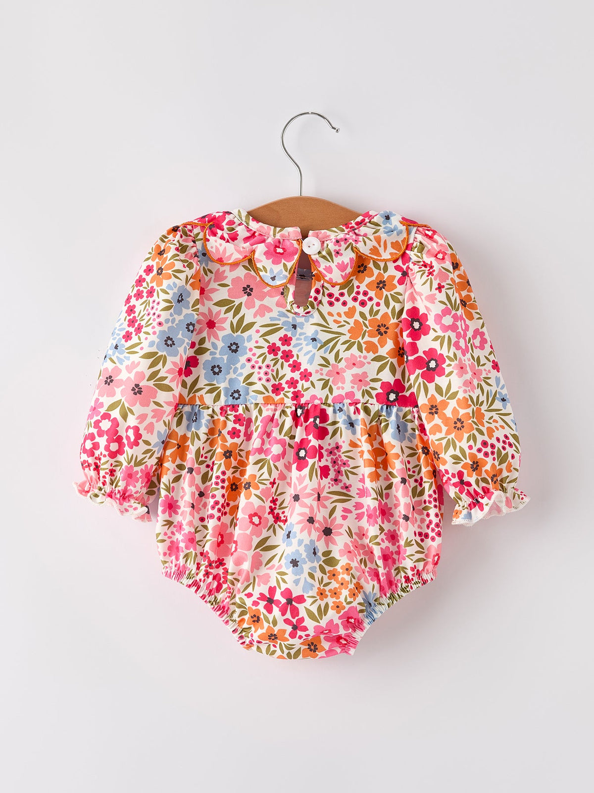 Three Little Tots Fall Halloween and Thanksgiving Pumpkin Bow Smock Embroidered Floral Baby Girl Romper, another angle