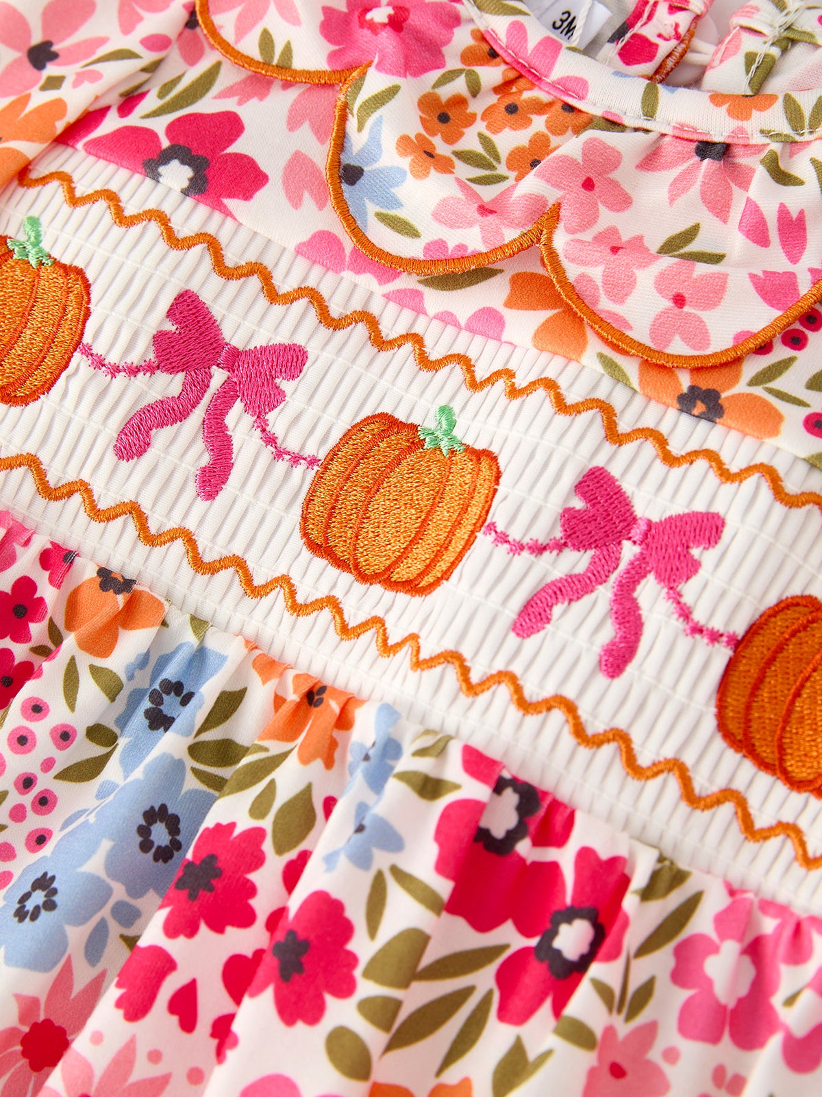 Three Little Tots Fall Halloween and Thanksgiving Pumpkin Bow Smock Embroidered Floral Baby Girl Rom, second additional photo