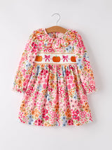 Three Little Tots Fall Halloween and Thanksgiving Pumpkin Bow Smock Embroidered Floral Dress, extra product detail
