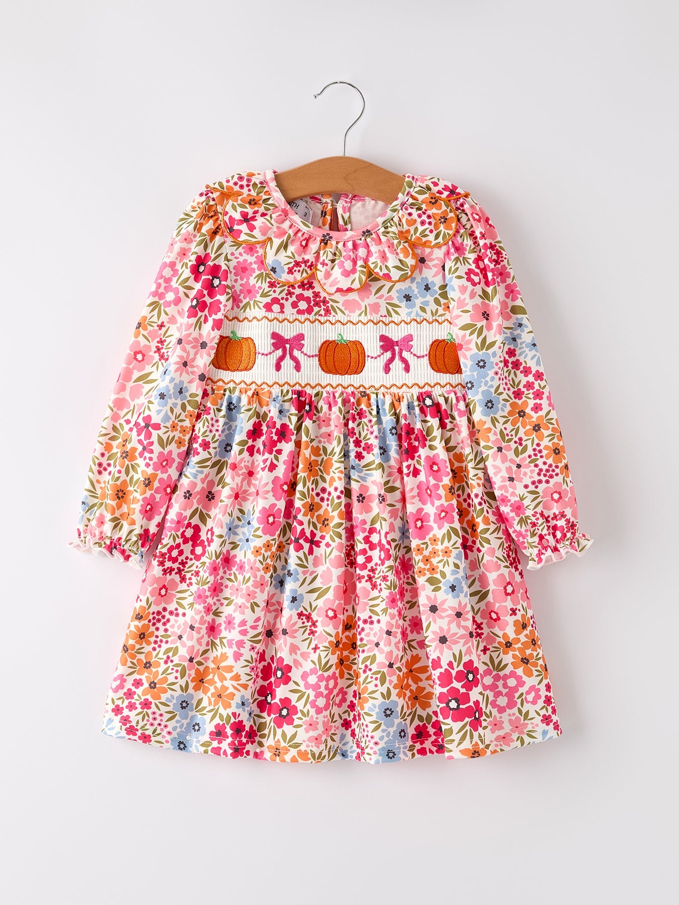 Three Little Tots Fall Halloween and Thanksgiving Pumpkin Bow Smock Embroidered Floral Dress, extra product detail
