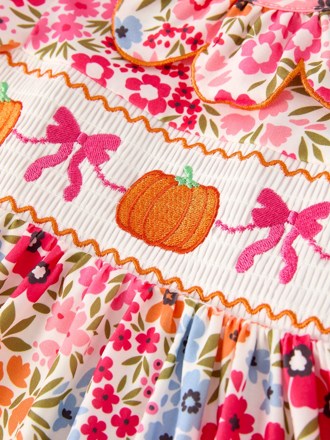 Three Little Tots Fall Halloween and Thanksgiving Pumpkin Bow Smock Embroidered Floral Dress, another angle
