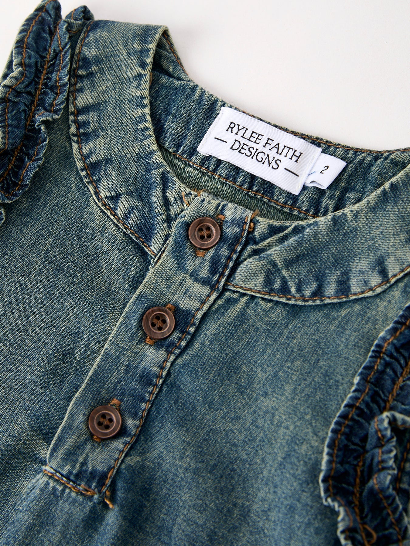 Three Little Tots Vintage Denim Ruffle Girls Dress, alternate angle