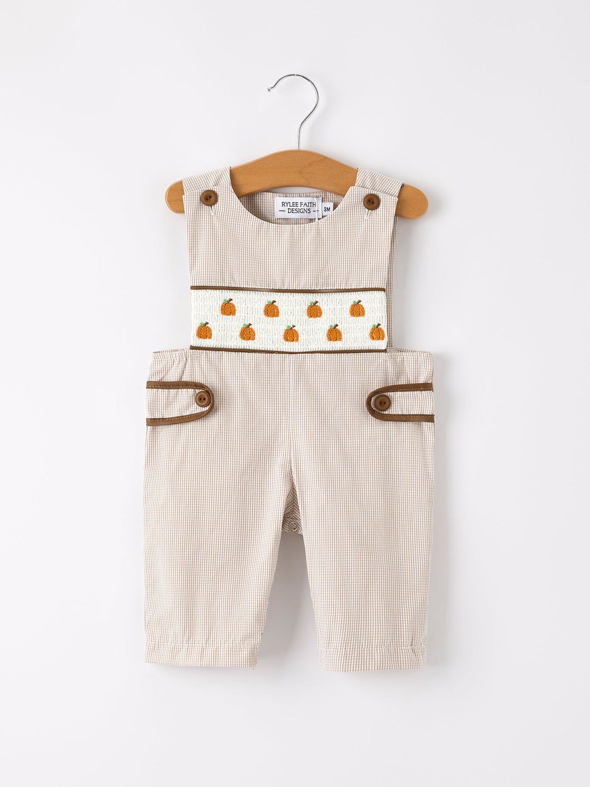 Three Little Tots Fall Halloween and Thanksgiving Pumpkin Smock Embroidered Boys Romper, fourth additional photo