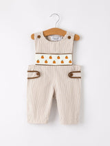 Three Little Tots Fall Halloween and Thanksgiving Pumpkin Smock Embroidered Boys Romper, fourth additional photo