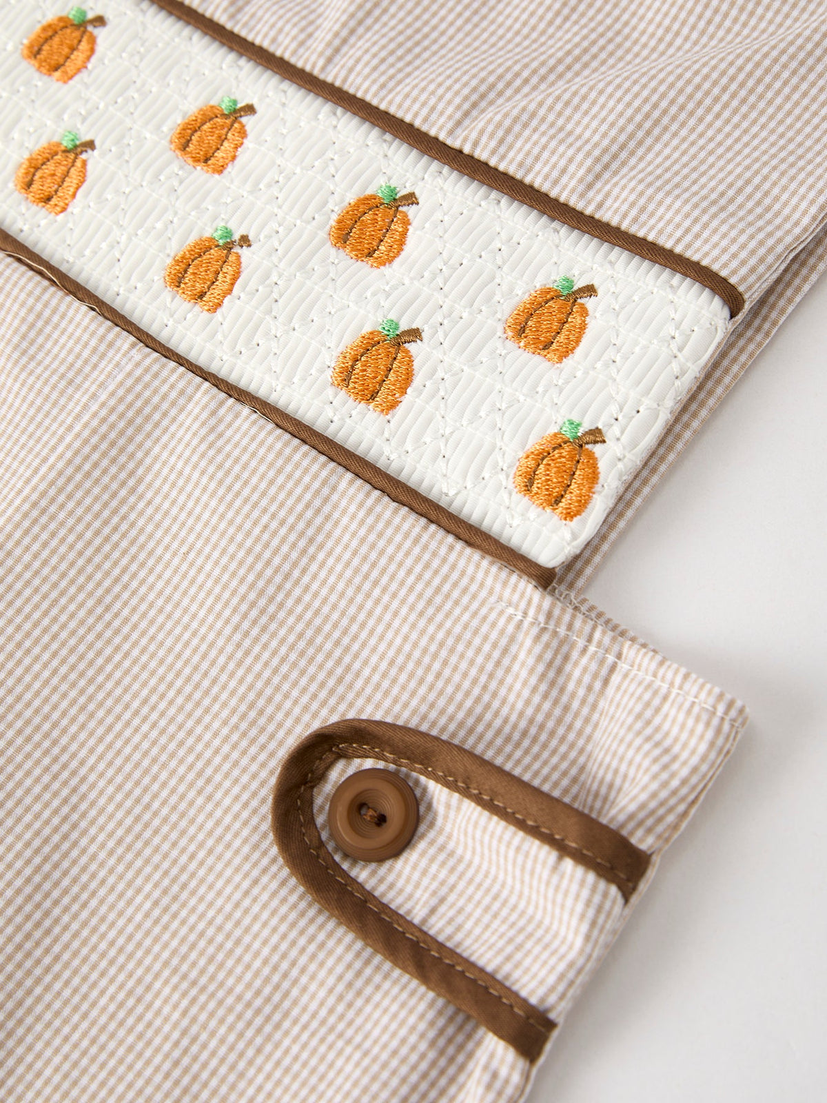 Three Little Tots Fall Halloween and Thanksgiving Pumpkin Smock Embroidered Boys Romper, eighth additional photo