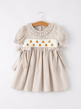 Fall Thanksgiving Pumpkin Embroidery Smock Plaid Girls Dress