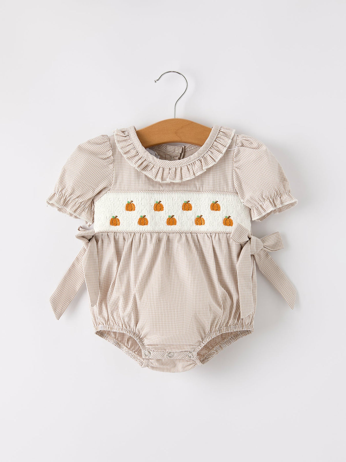 Three Little Tots Fall Halloween and Thanksgiving Pumpkin Embroidery Smock Plaid Baby Girl Romper, supplementary photo