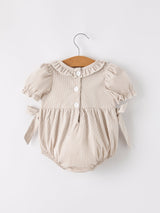 Three Little Tots Fall Halloween and Thanksgiving Pumpkin Embroidery Smock Plaid Baby Girl Romper, another angle
