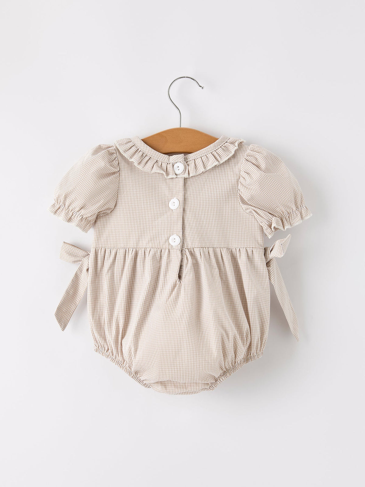 Three Little Tots Fall Halloween and Thanksgiving Pumpkin Embroidery Smock Plaid Baby Girl Romper, another angle