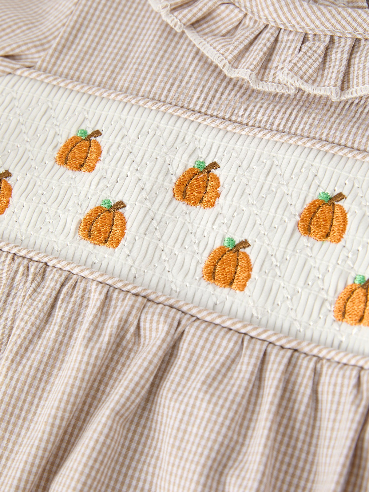 Three Little Tots Fall Halloween and Thanksgiving Pumpkin Embroidery Smock Plaid Baby Girl Romper, second additional photo