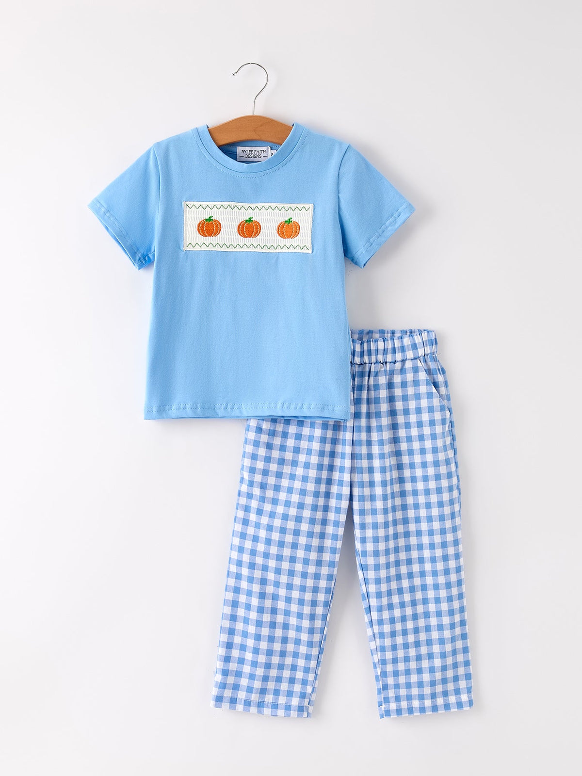 Three Little Tots Fall Thanksgivingand Halloween Blue Pumpkin Smock Embroidery Baby Boy'Set, supplementary photo
