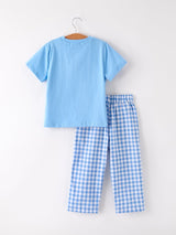 Three Little Tots Fall Thanksgivingand Halloween Blue Pumpkin Smock Embroidery Baby Boy'Set, another angle