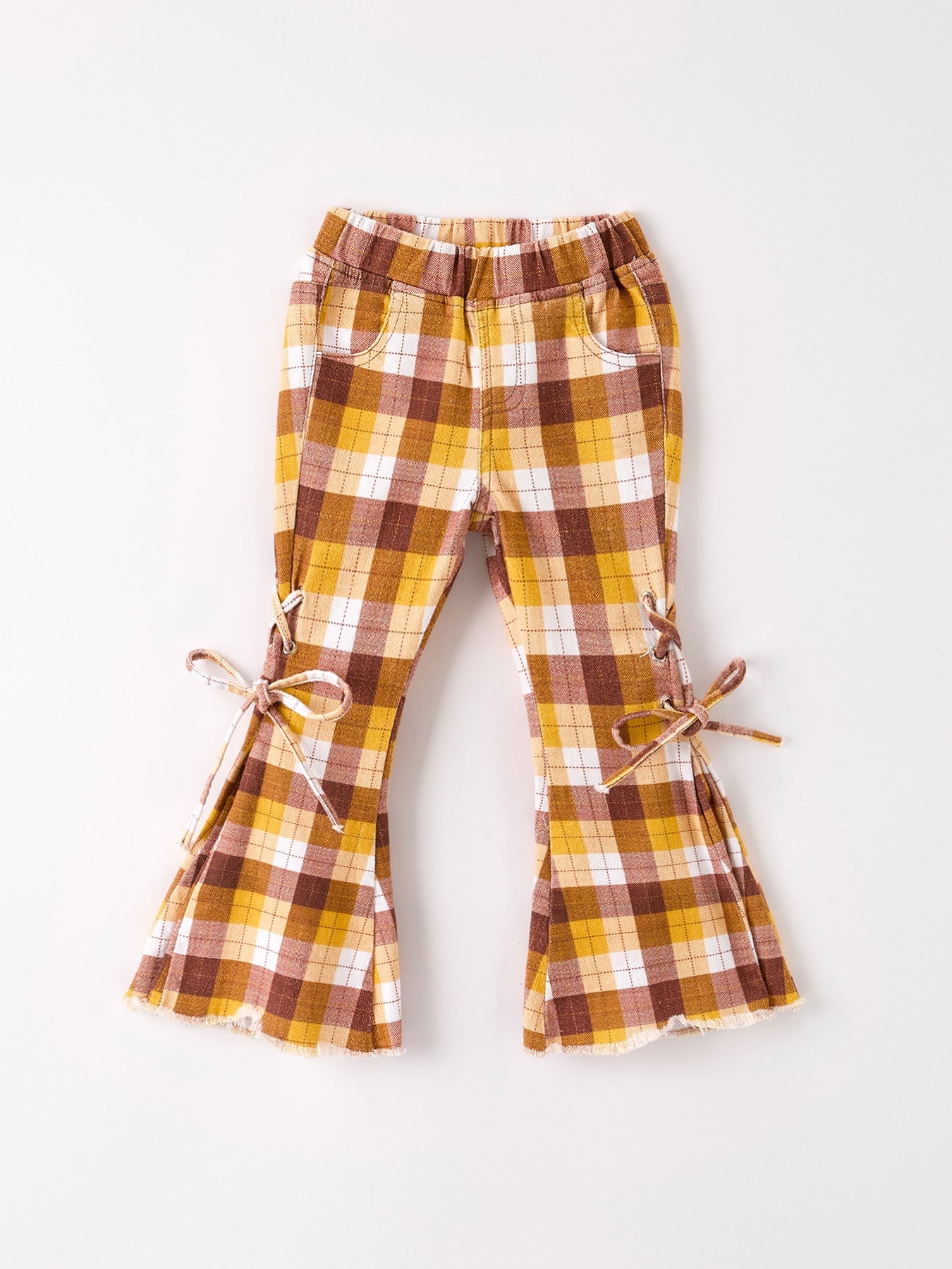 Three Little Tots Fall Thanksgiving Brown Plaid Bow Trousers