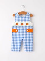 Three Little Tots Fall Thanksgivingand Halloween Blue Pumpkin Smock Embroidery Baby Boy Romper