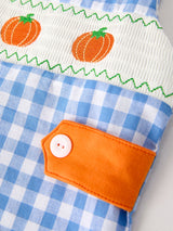 Three Little Tots Fall Thanksgivingand Halloween Blue Pumpkin Smock Embroidery Baby Boy Romper, additional view