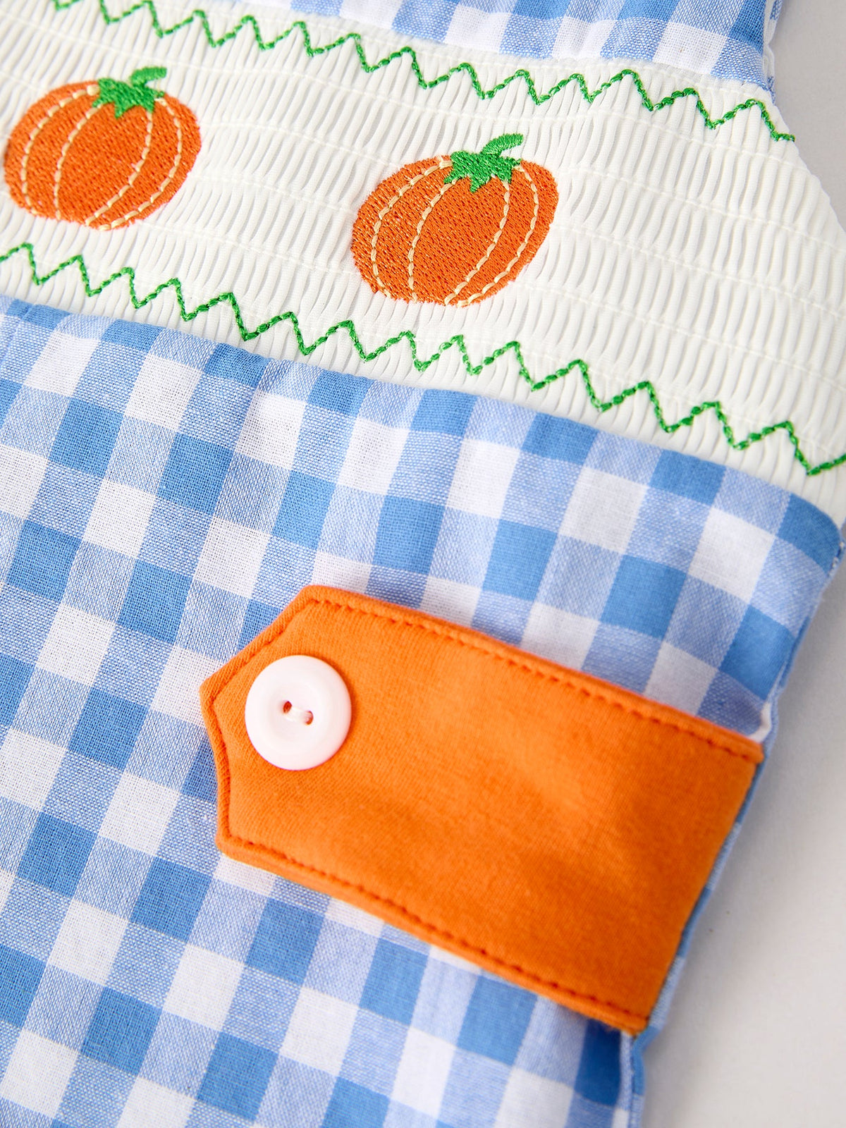 Three Little Tots Fall Thanksgivingand Halloween Blue Pumpkin Smock Embroidery Baby Boy Romper, additional view