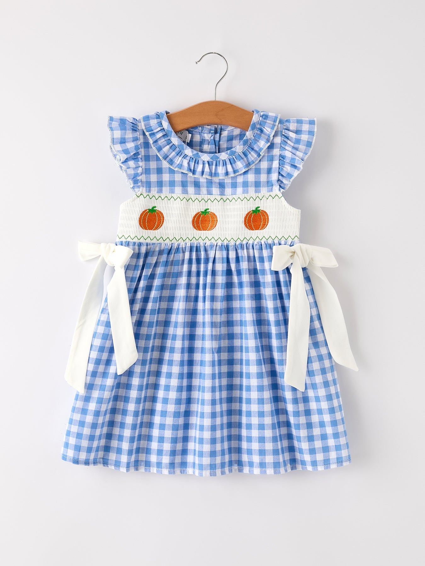 Three Little Tots Fall Thanksgivingand Halloween Blue Pumpkin Smock Embroidery Baby Girl Dress, another angle