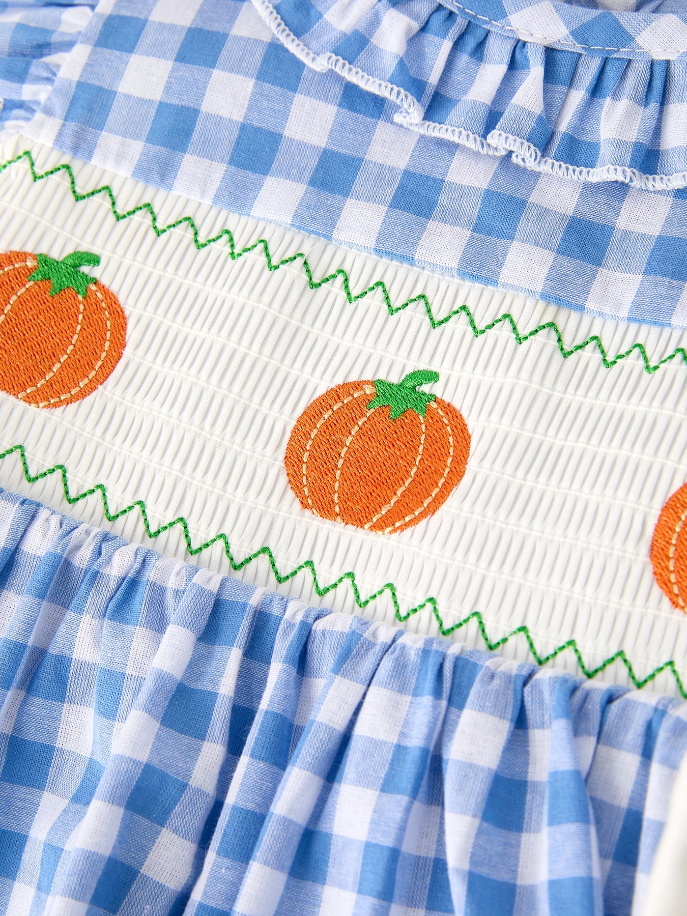 Three Little Tots Fall Thanksgivingand Halloween Blue Pumpkin Smock Embroidery Baby Girl Dress, third additional photo