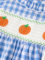 Three Little Tots Fall Thanksgivingand Halloween Blue Pumpkin Smock Embroidery Baby Girl Dress, third additional photo