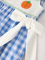 Three Little Tots Fall Thanksgivingand Halloween Blue Pumpkin Smock Embroidery Baby Girl Dress, fourth additional photo