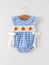 Three Little Tots Fall Thanksgivingand Halloween Blue Pumpkin Smock Embroidery Baby Girl Romper, supplementary photo