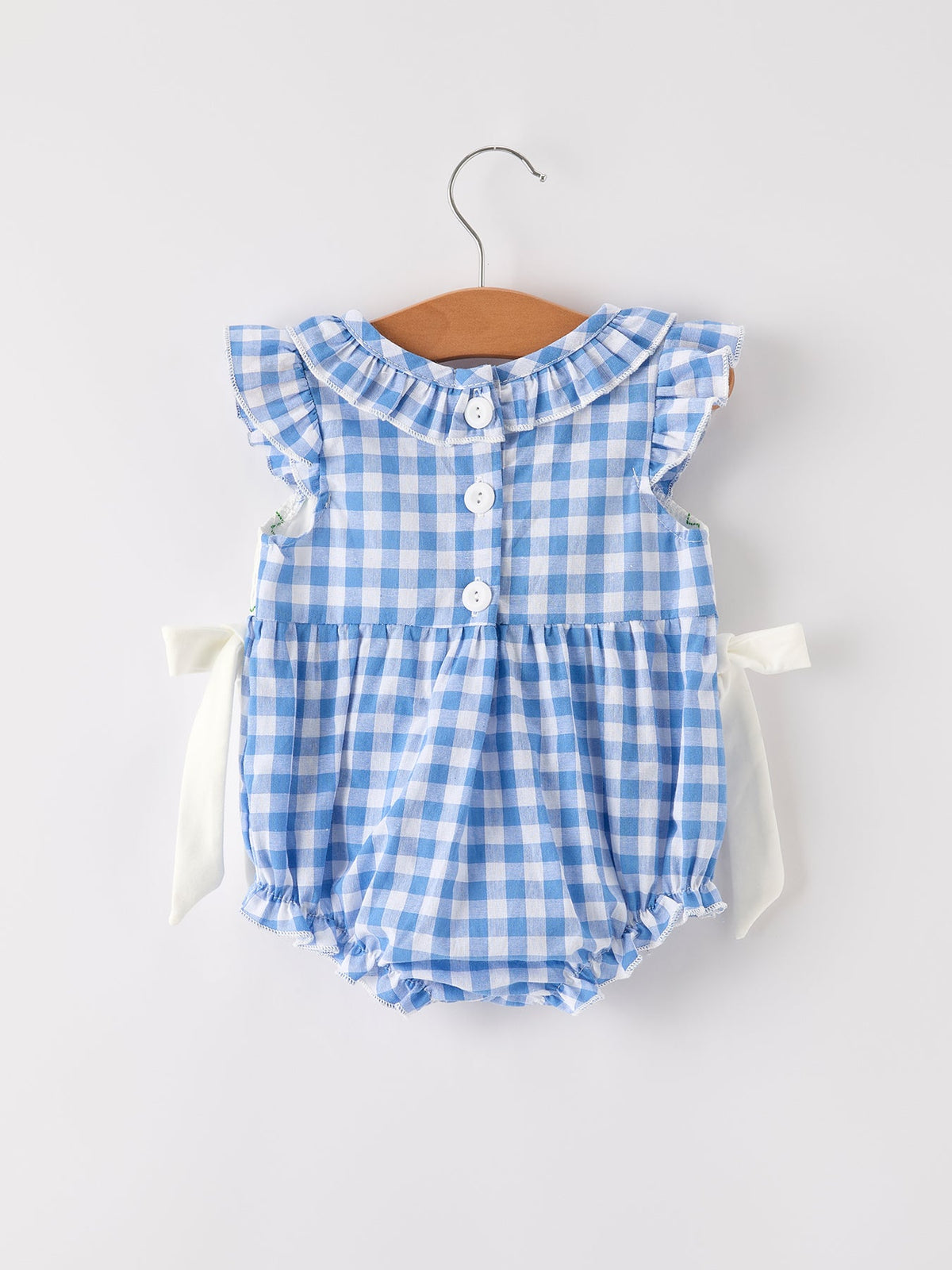 Three Little Tots Fall Thanksgivingand Halloween Blue Pumpkin Smock Embroidery Baby Girl Romper, another angle