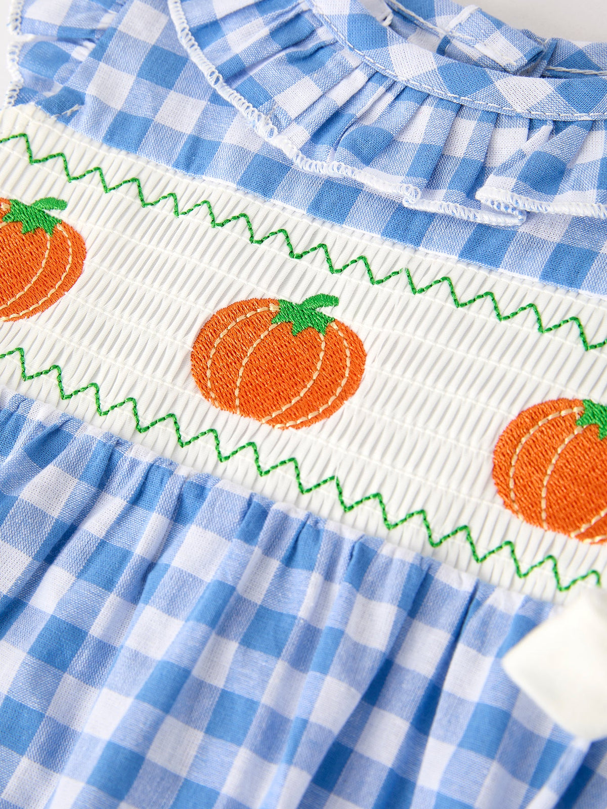 Three Little Tots Fall Thanksgivingand Halloween Blue Pumpkin Smock Embroidery Baby Girl Romper, second additional photo