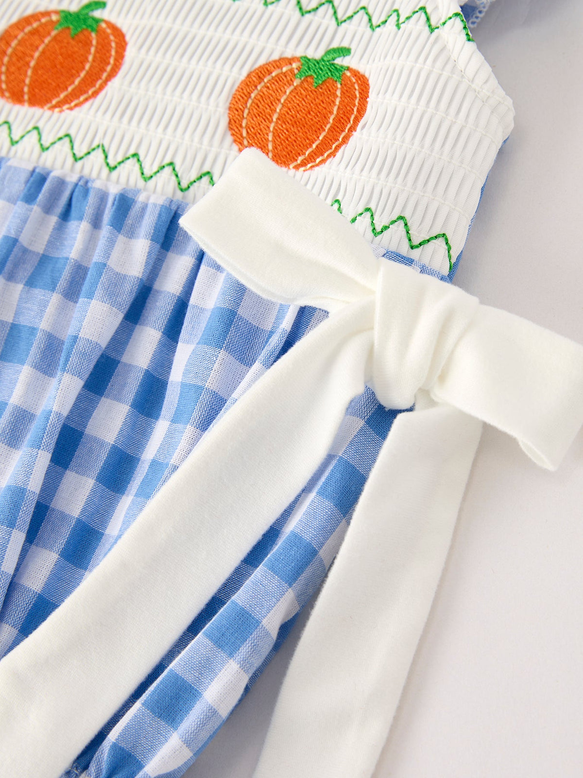 Three Little Tots Fall Thanksgivingand Halloween Blue Pumpkin Smock Embroidery Baby Girl Romper, third additional photo