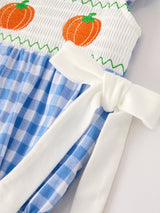 Three Little Tots Fall Thanksgivingand Halloween Blue Pumpkin Smock Embroidery Baby Girl Romper, third additional photo