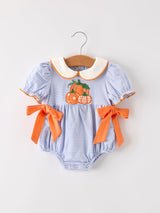 Three Little Tots Fall Thanksgiving and Halloween Lapel Stripe Pumpkin Applique Bow Girls Romper