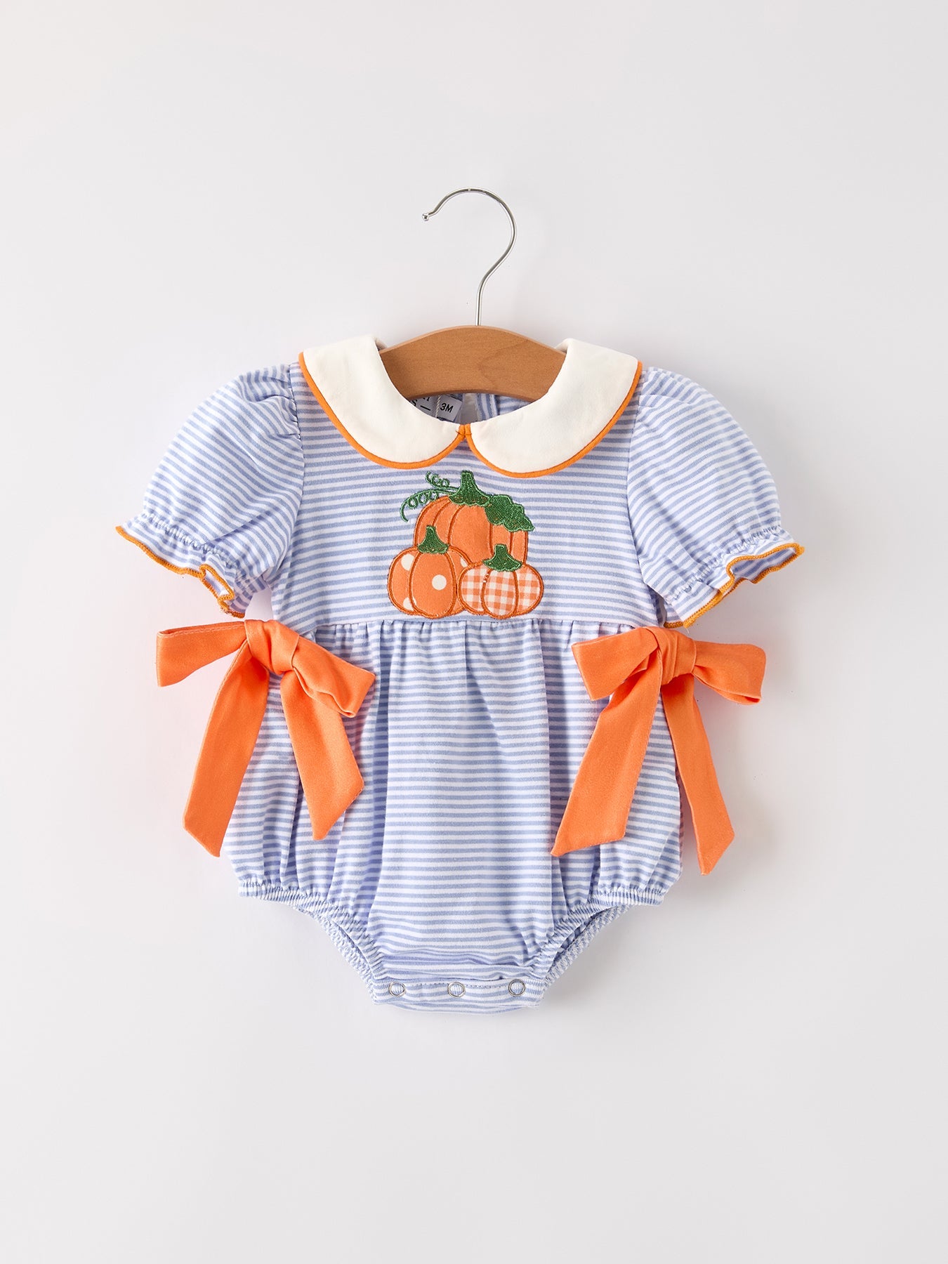 Three Little Tots Fall Thanksgiving and Halloween Lapel Stripe Pumpkin Applique Bow Girls Romper