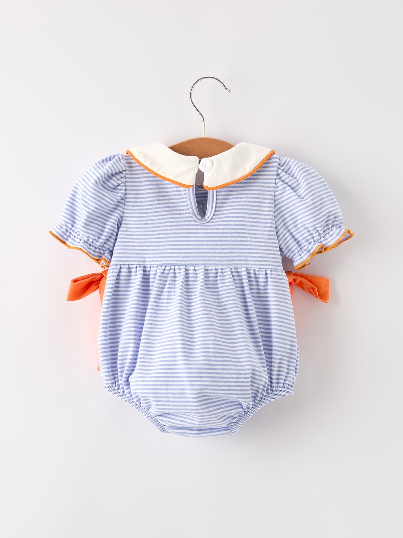 Three Little Tots Fall Thanksgiving and Halloween Lapel Stripe Pumpkin Applique Bow Girls Romper, additional product photo