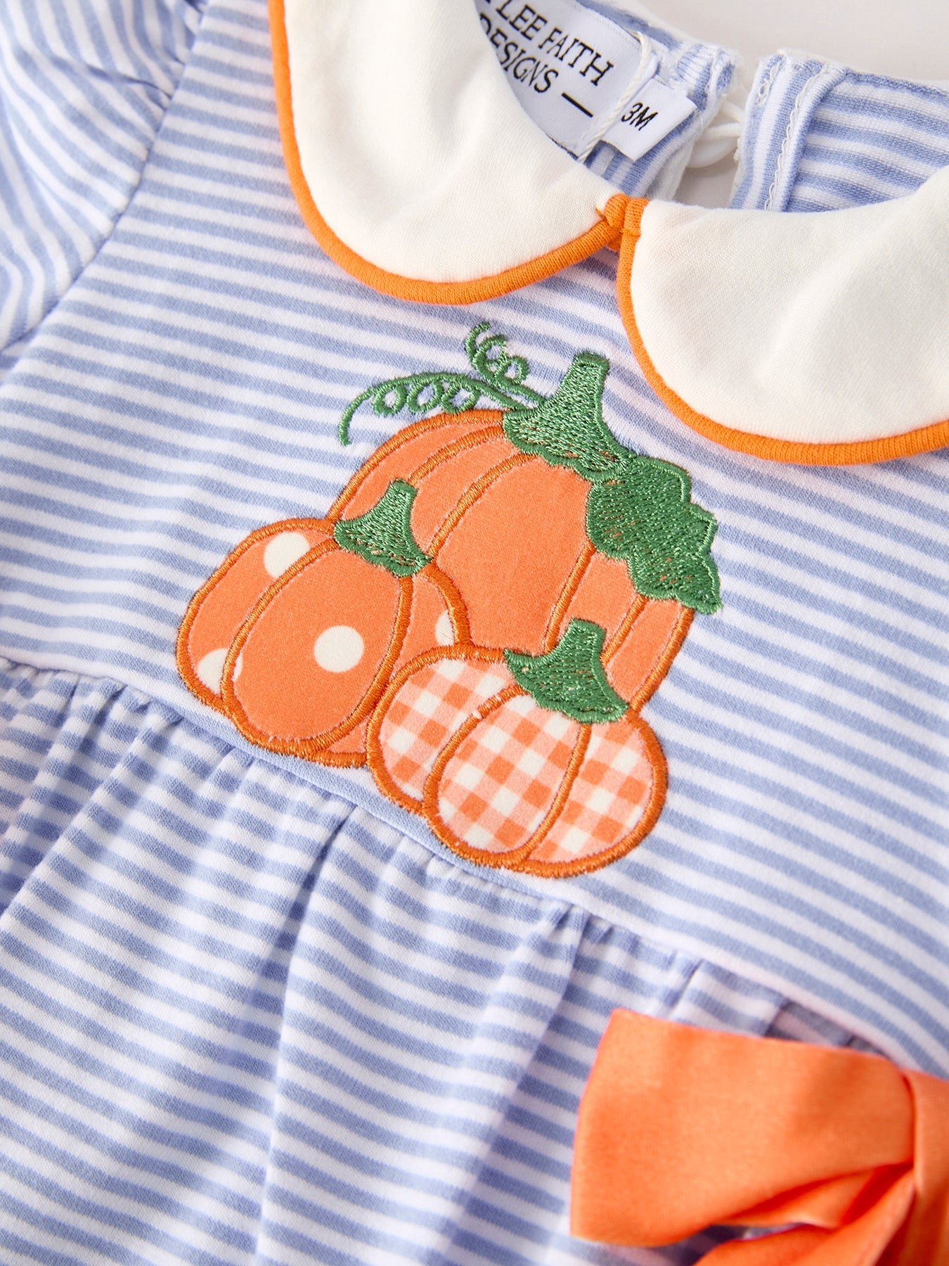Three Little Tots Fall Thanksgiving and Halloween Lapel Stripe Pumpkin Applique Bow Girls Romper, alternate angle
