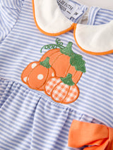 Three Little Tots Fall Thanksgiving and Halloween Lapel Stripe Pumpkin Applique Bow Girls Romper, alternate angle