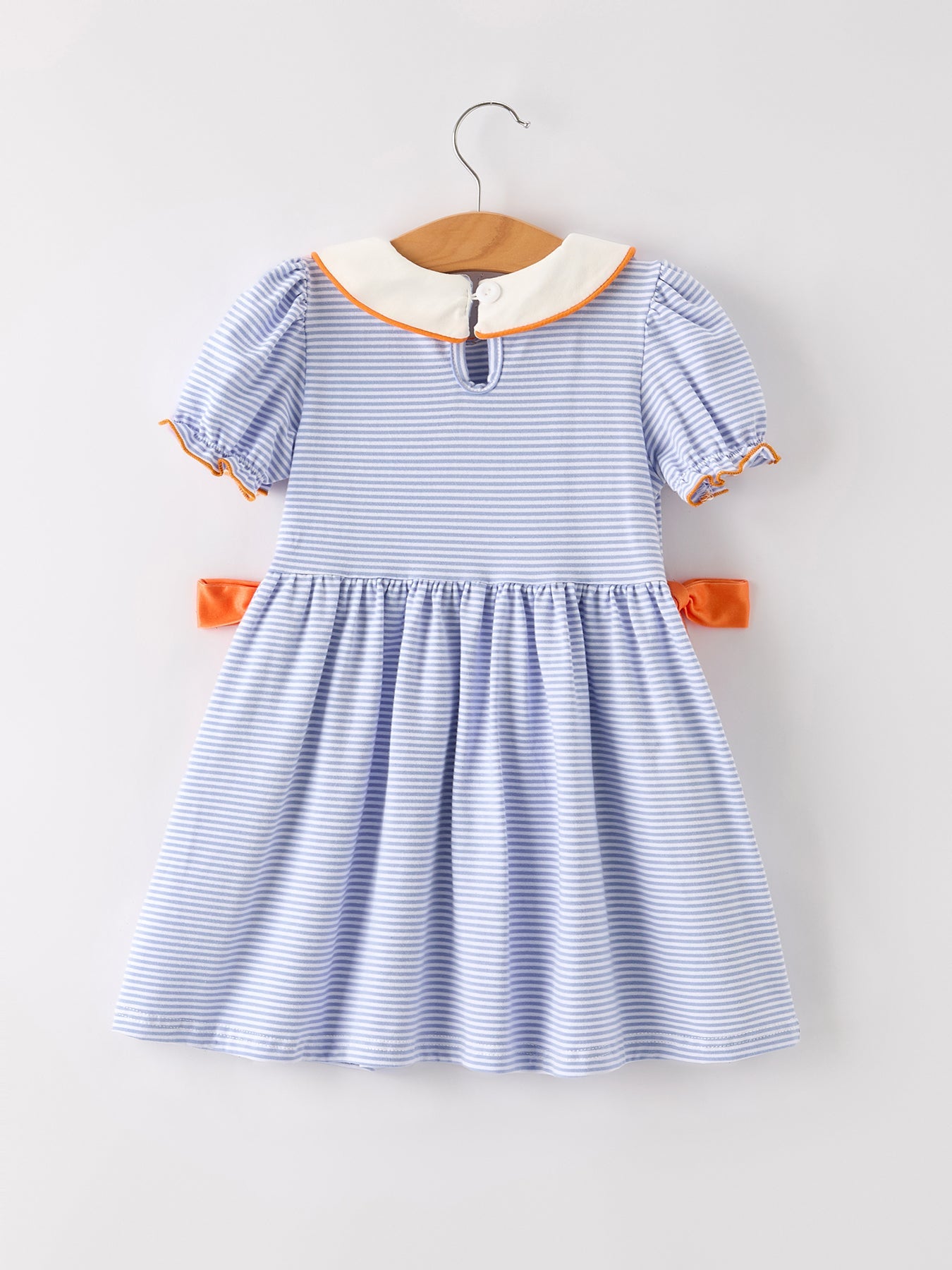 Three Little Tots Fall Thanksgiving and Halloween Lapel Stripe Pumpkin Applique Bow Girls Dress, additional product photo
