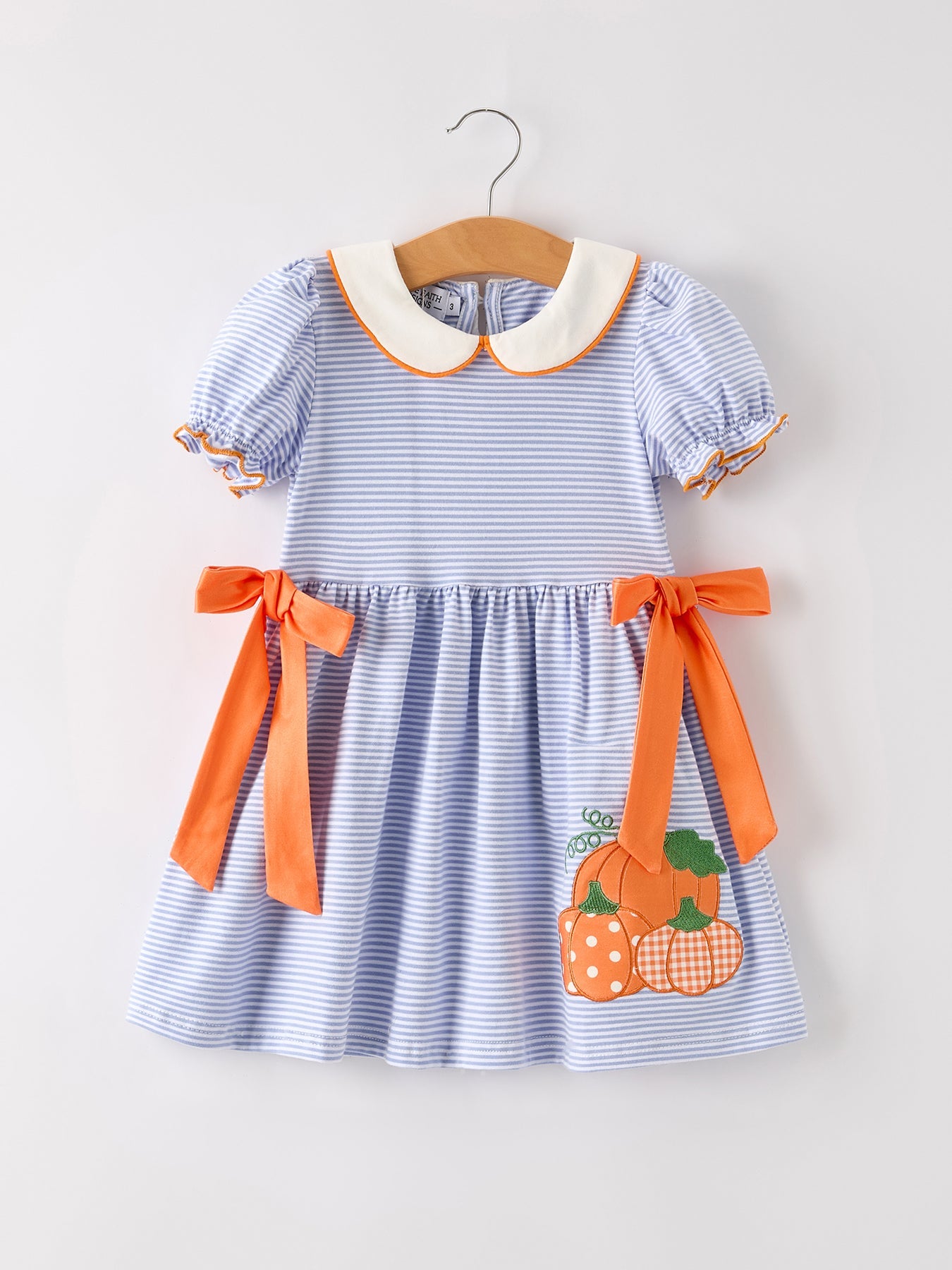 Three Little Tots Fall Thanksgiving and Halloween Lapel Stripe Pumpkin Applique Bow Girls Dress