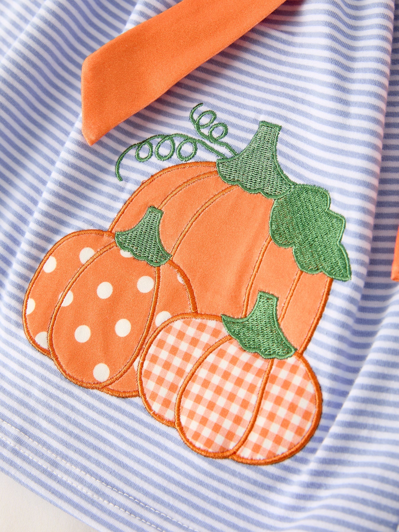 Three Little Tots Fall Thanksgiving and Halloween Lapel Stripe Pumpkin Applique Bow Girls Dress, additional view