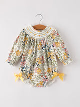 Embroidery Smocking Bow Floral Leaf Baby Girls Romper