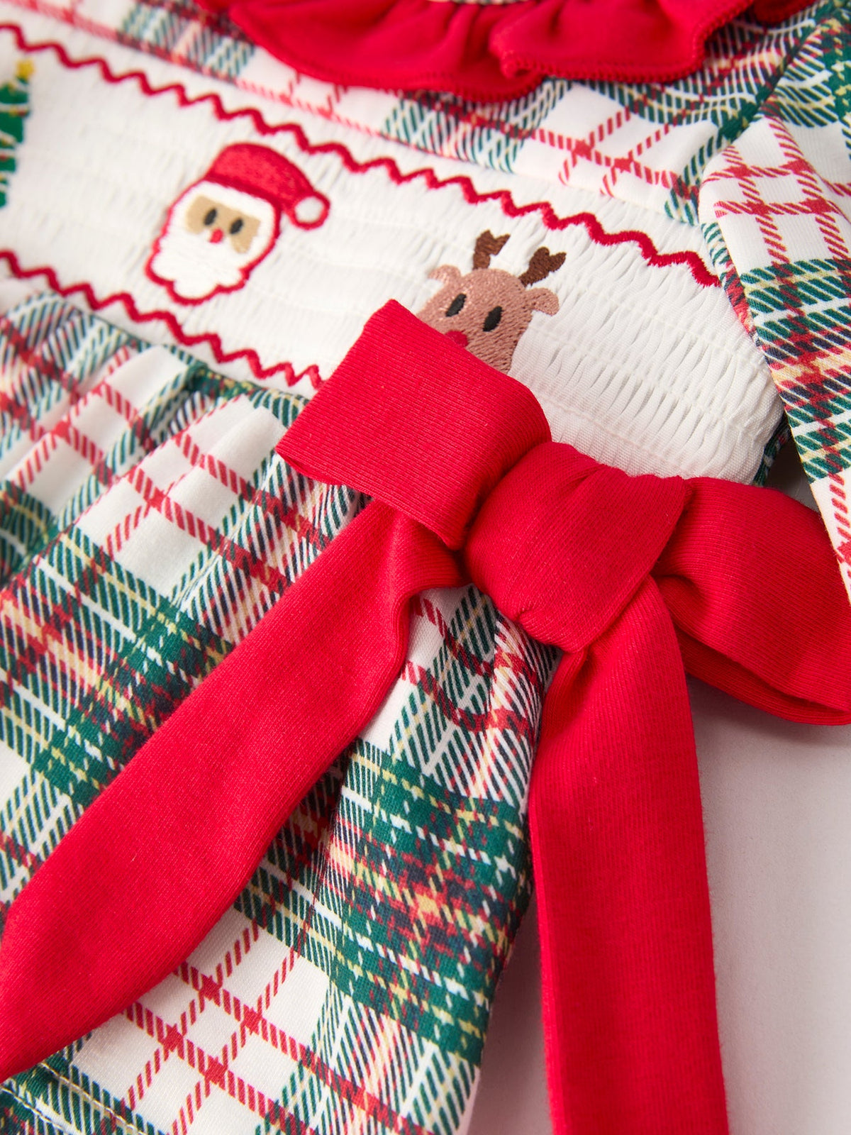 Christmas Plaid Smocking Embroidered Girls Bloomers Romper Set