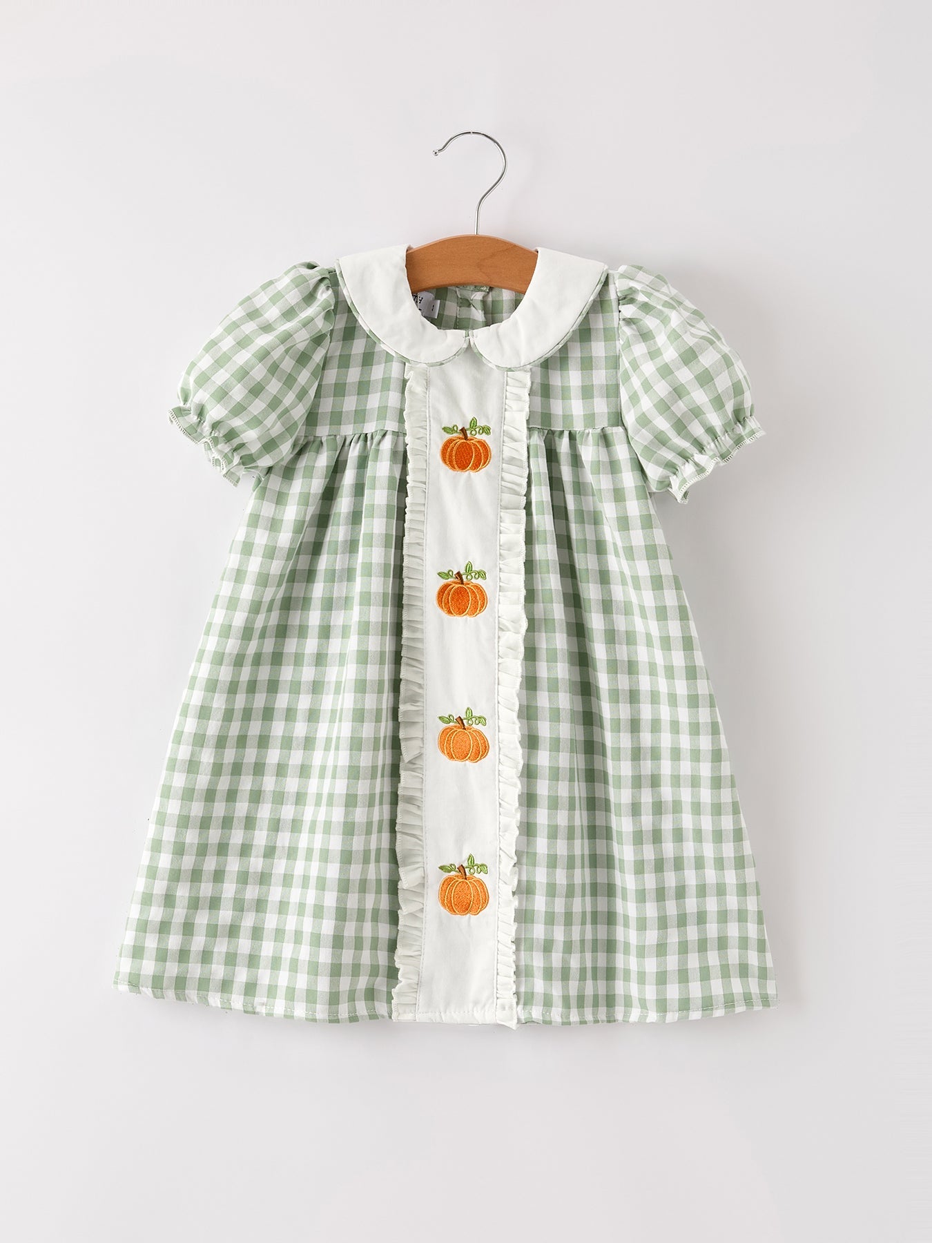 Three Little Tots Fall Halloween and Thanksgiving Pumpkin Applique Plaid Green Girls Dress, supplementary photo