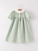 Three Little Tots Fall Halloween and Thanksgiving Pumpkin Applique Plaid Green Girls Dress, another angle