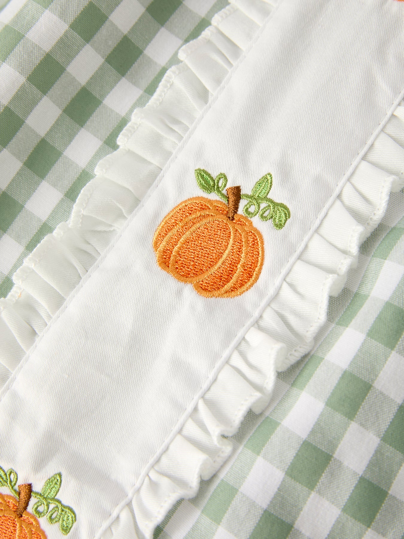 Three Little Tots Fall Halloween and Thanksgiving Pumpkin Applique Plaid Green Girls Dress, second additional photo