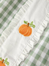 Three Little Tots Fall Halloween and Thanksgiving Pumpkin Applique Plaid Green Girls Dress, second additional photo